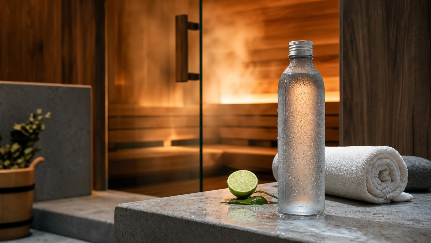 Kalte Elektrolyt-Wasser-Flasche neben Sauna, Handtuch und Limette