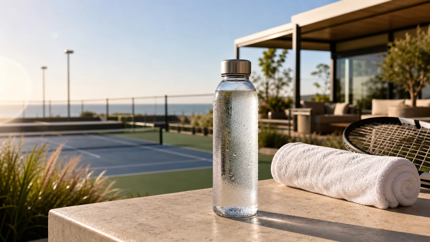 Kalte Elektrolyt-Wasser-Flasche am Tennisplatz in warmer Abendsonne