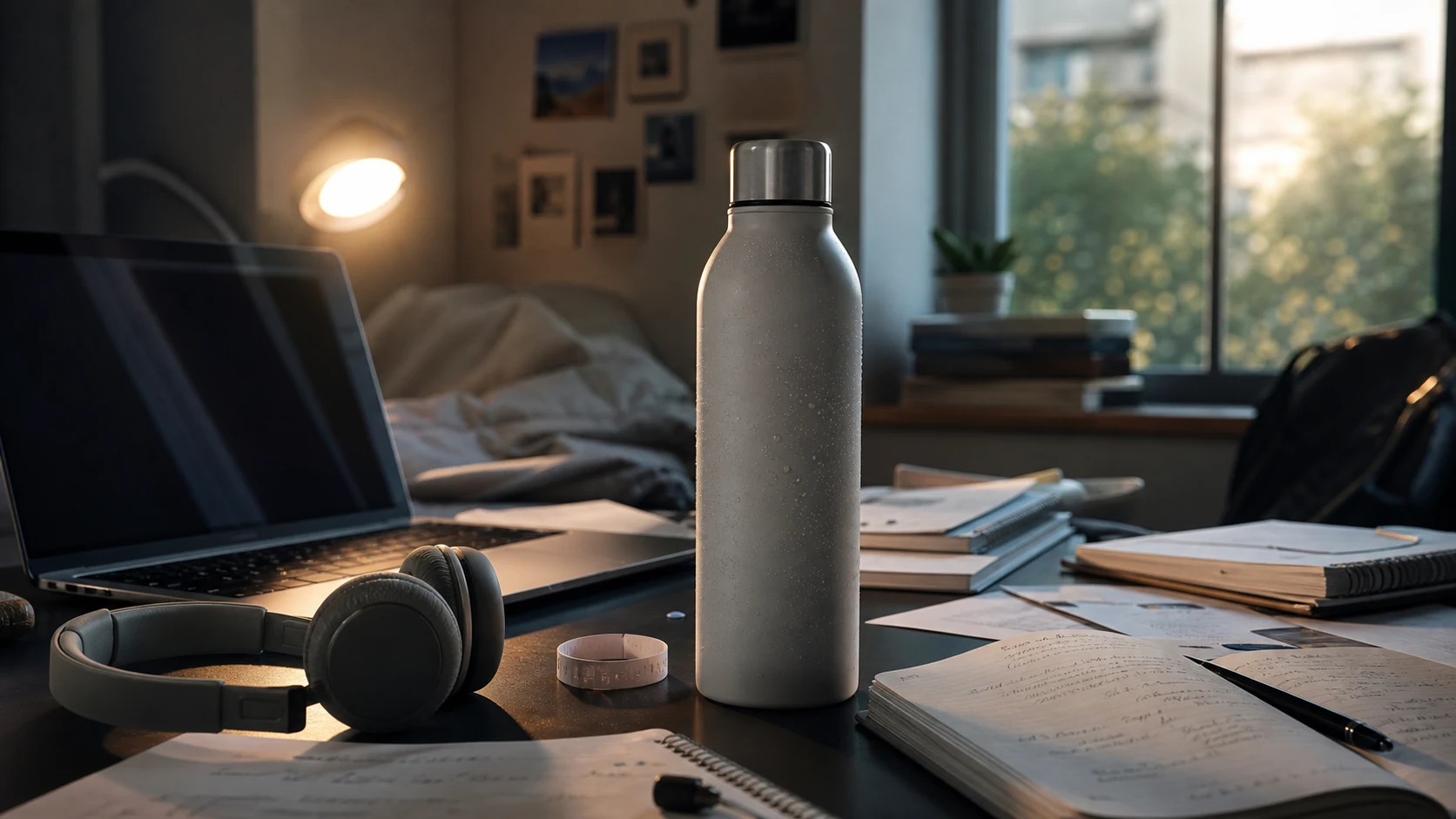 Kalte Elektrolyt-Wasser-Flasche auf Studentenschreibtisch zwischen Laptop und Notizen